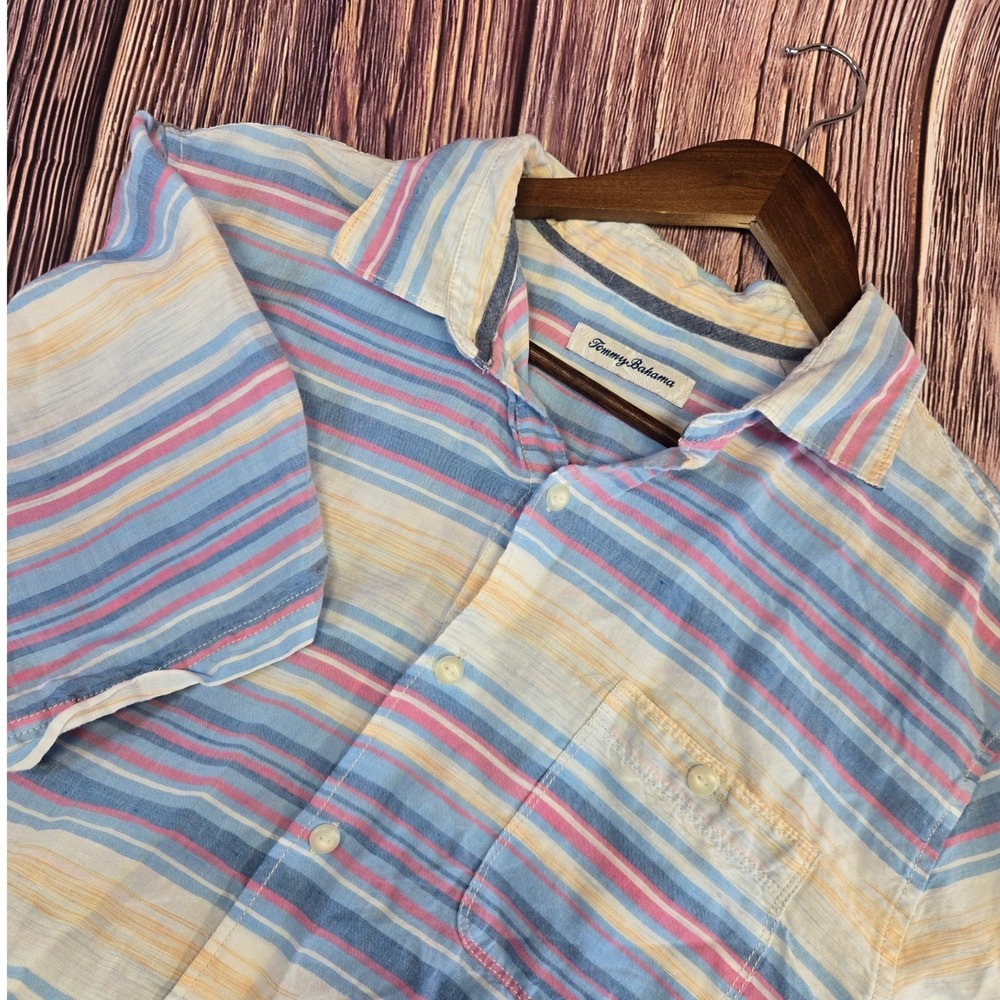 Tommy Bahama Button Up Shirt Mens L Blue Pink Striped Linen Tencel Short Sleeve